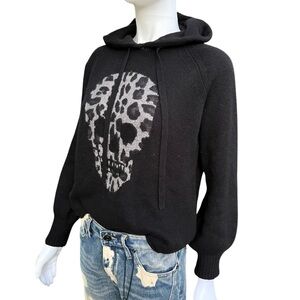 Skull Cashmere Women Black Hoodie XS Leopard Skull Print 100% Cashmere Holloween